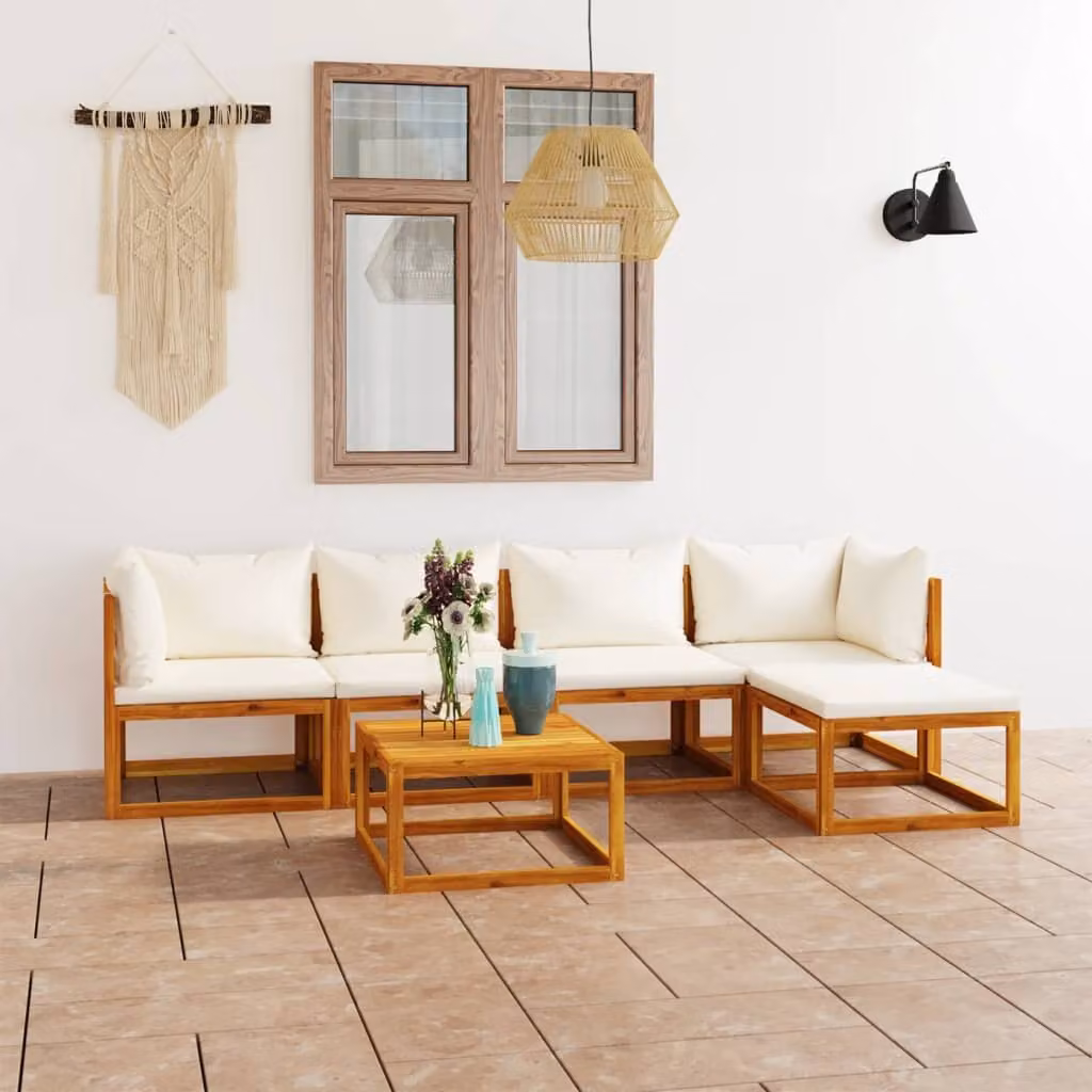The Living Store Set da giardino da 6 pezzi con cuscini in legno massiccio di acacia color crema
