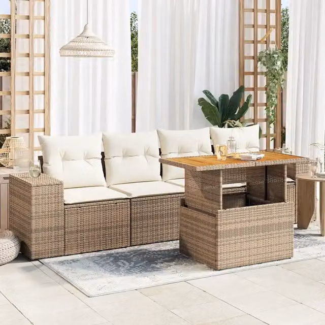 Set Divano da Giardino a L vidaXL in Polyrattan con Cuscini Beige e Tavolino da Esterno 5 Pezzi – 1