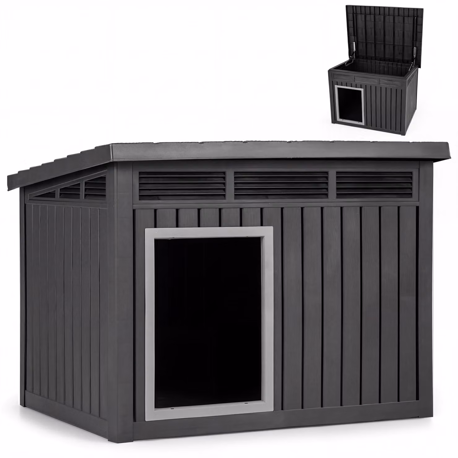 KOMFOTTEU, cuccia per cani da esterno, adatta a cani di taglia media, isolata e resistente alle intemperie, casetta per piccoli animali con tetto inclinato apribile, prese d'aria e fori di drenaggio, dimensioni 81 x 64 x 61 cm, colore nero