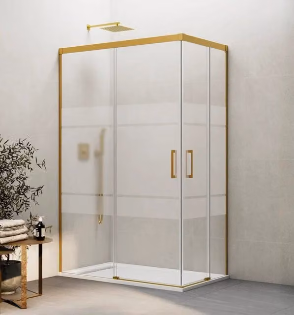 Box doccia angolare BASI con apertura al vertice in vetro satinato e finitura oro, L 85 cm x P 75 cm
