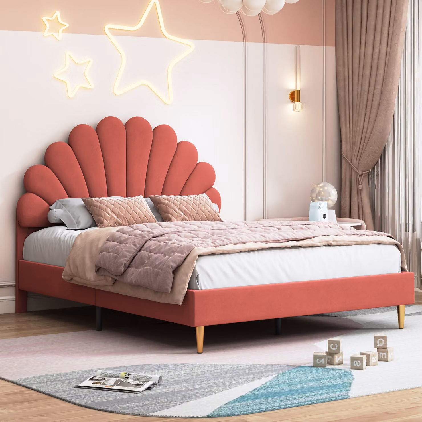 Letto imbottito matrimoniale 140x200 cm con testata a forma di fiore e rete a doghe, in velluto, rosso, design moderno, ideale per camere da letto, comodo ed elegante