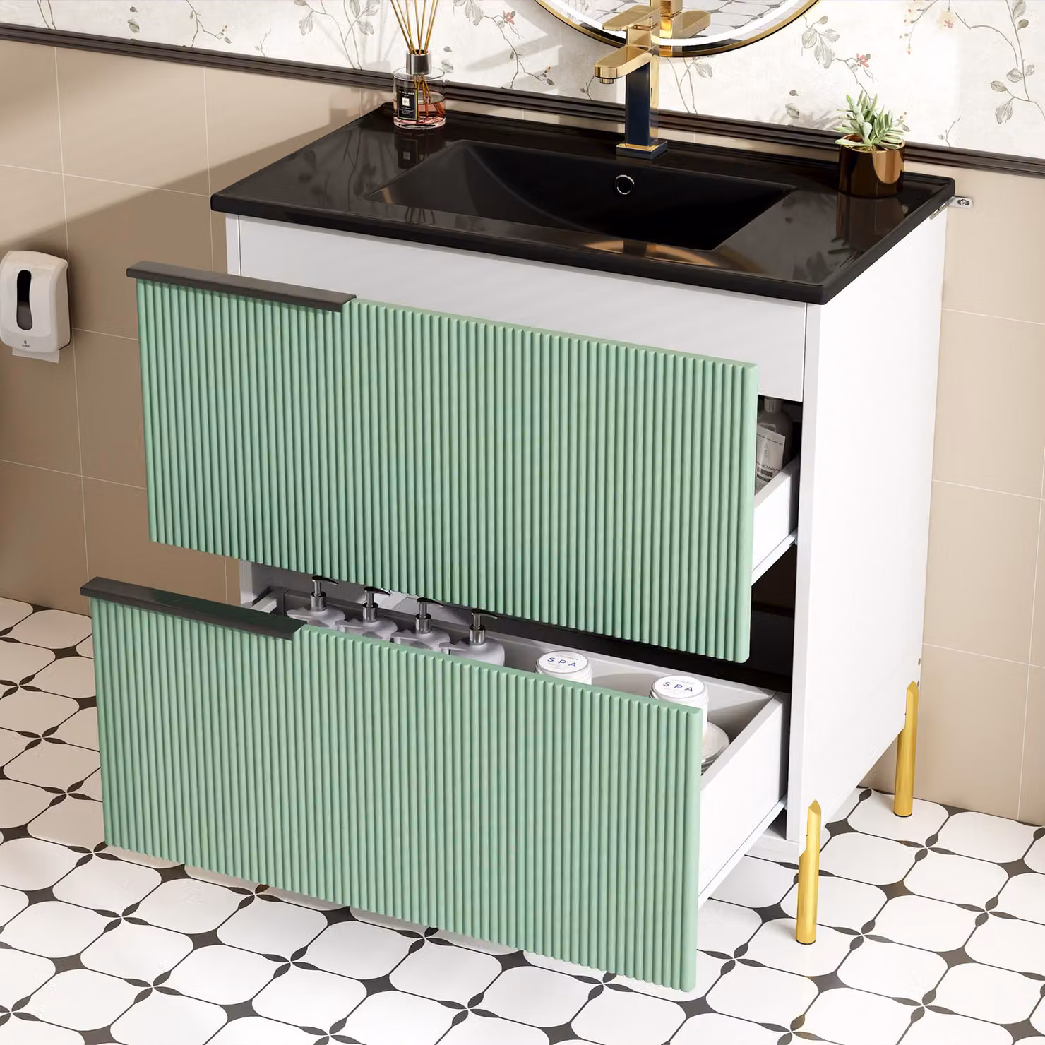 Fortuna Lai Mobile bagno con lavabo in Vetroceramica, lavabo singolo con cassetti in MDF, mobile bagno verticale con lavabo, verde