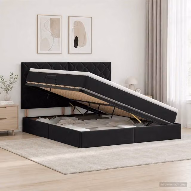 Letto con contenitore e materasso vidaXL in velluto nero L: 180 cm, P: 200 cm, H: 140 cm