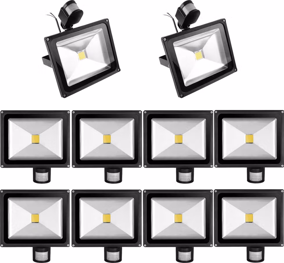 10 pezzi 30W LED faretti proiettori spot faretti da esterno con sensore di movimento, Greenmigo bianco caldo faretti da parete alluminio nero IP65 impermeabile AC 85-265V bianco luce diurna