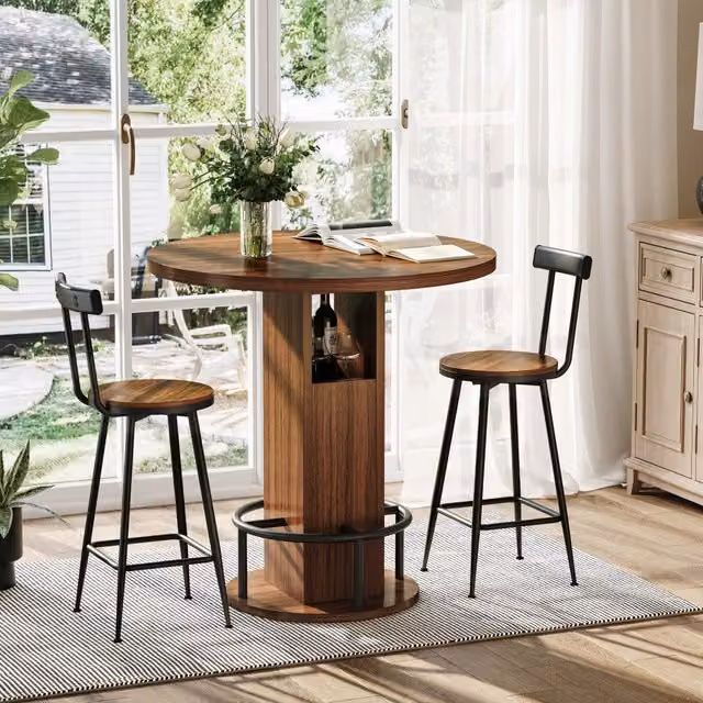 Set Bar 3 Pezzi: Tavolo Rotondo 80 cm in Legno Noce con 2 Sgabelli, Base Metallo con Poggiapiedi Anulare, per Sala da Pranzo, Caffè, Bar e Soggiorno