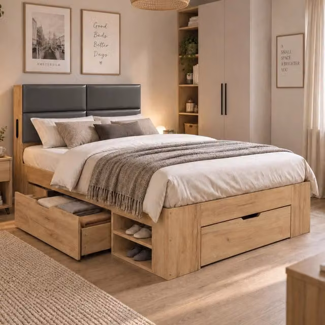 Letto singolo contenitore 90x200 cm in MDF naturale con cassetti; USB/USB-C e testiera PU