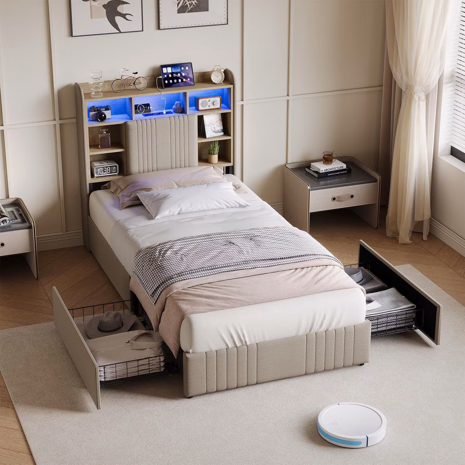Letto imbottito 90x200 cm con 2 cassetti, testiera contenitore, illuminazione LED, rete a doghe, rivestito in lino color beige, letto singolo per ragazzi, senza materasso