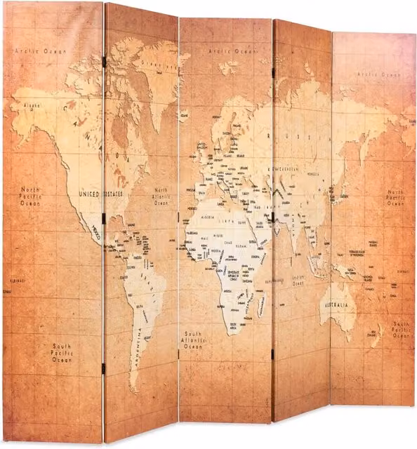 Paravento Pieghevole vidaXL con Stampa Mappa del Mondo, Colore Giallo, L 200 cm x H 170 cm – 1