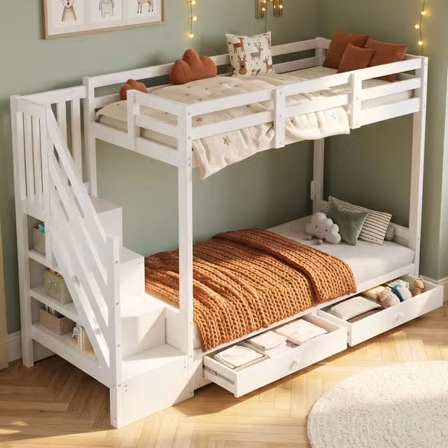 Letto a soppalco multifunzionale WISHDOR per bambini in legno e MDF bianco con scala contenitore, divano e 2 cassetti, L/P/H: 200 x 90 x 120 cm