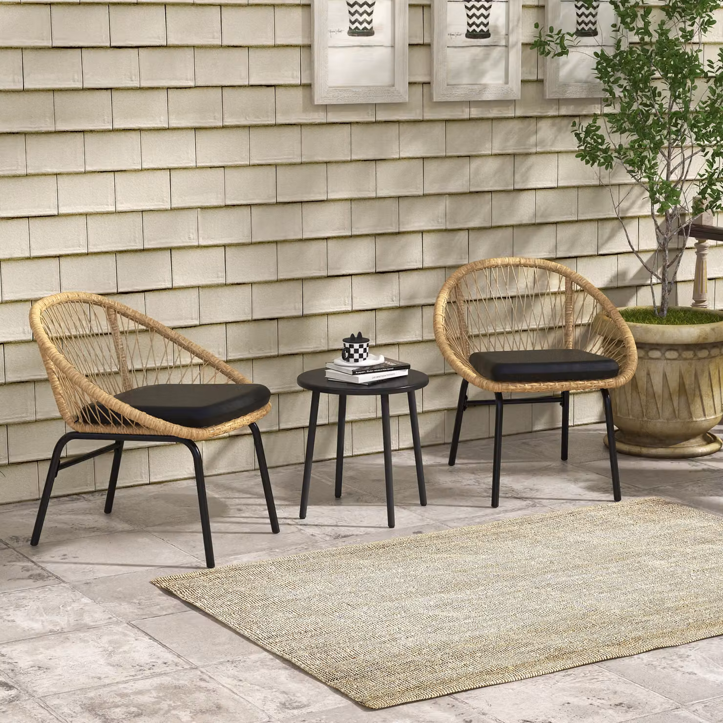 Set da bistrò Outsunny per giardino e terrazza con tavolo rotondo e 2 sedie in rattan e metallo, colore giallo e nero – 2