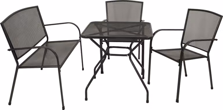Set da giardino DEGAMO CLASSIC 4 pezzi (2 poltrone impilabili, 1 panca a 2 posti, 1 tavolo 70x70 cm), lamiera stirata antracite