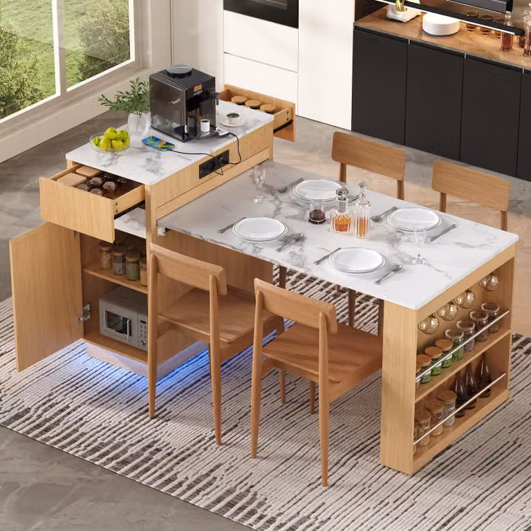 Tavolo allungabile per sala da pranzo con piano pieghevole, dotato di rotelle, prese elettriche e ganci. Tavolo da bar per cucina o sala da pranzo, stile naturale
