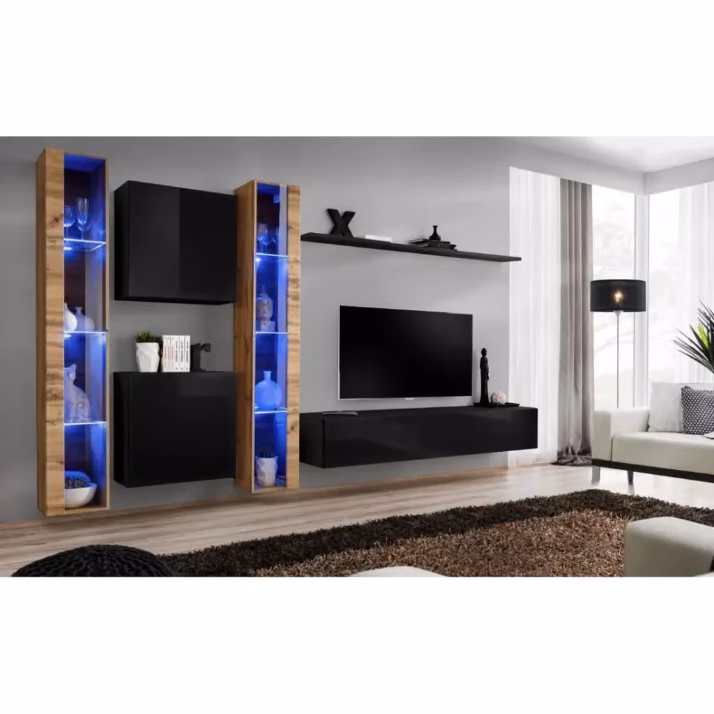 Composizione murale SWITCH XVI Meublorama con mobile TV, vetrine LED, cubi e mensola, Nero lucido e Quercia Wotan, L: 330 cm, H: 180 cm, P: 40 cm – 2