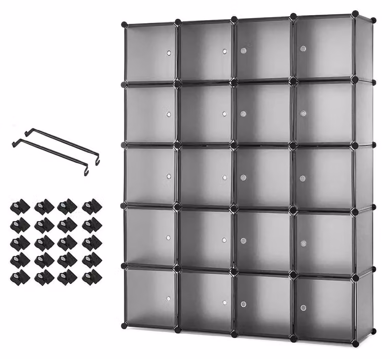 Armadio in plastica, composto da 20 scomparti a cubo, dotato di 2 aste appendiabiti, colore grigio, dimensioni 145x37x180 cm