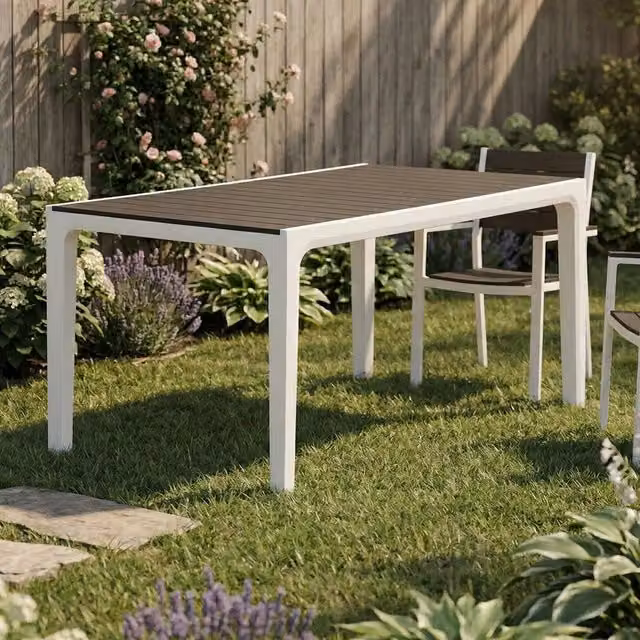Tavolo da esterno Nanaimo DMORA, piano da pranzo rettangolare per giardino e terrazza, Bianco e Grigio scuro, L: 160 cm, P: 90 cm, H: 74 cm