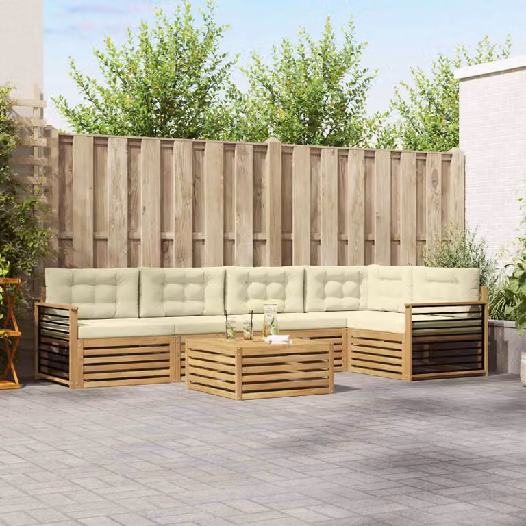 Set di divani da esterno vidaXL a forma di L con tavolo da caffè, 6 pezzi, in legno di acacia e tessuto bianco, beige e marrone