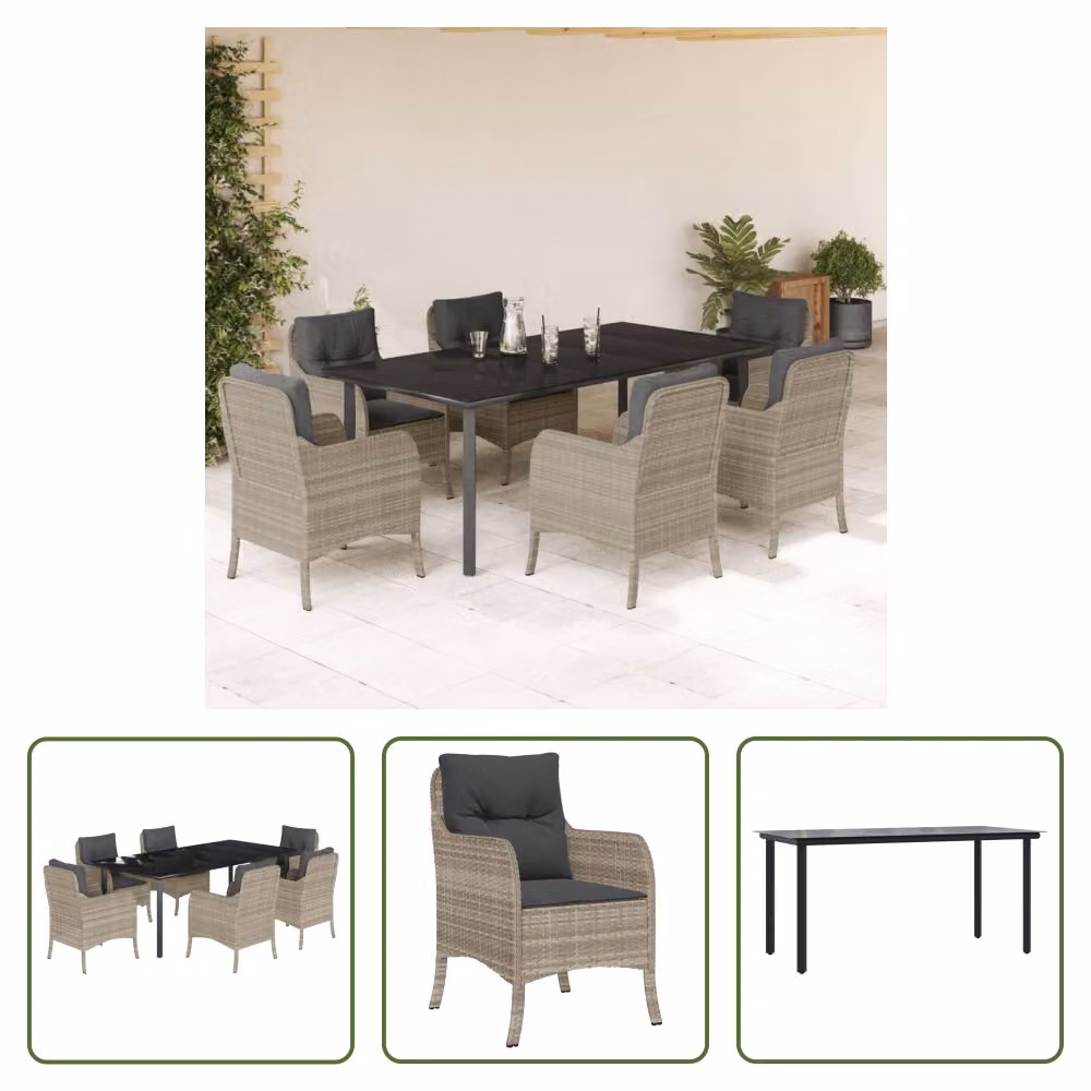 The Living Store Set da pranzo da giardino 7 pezzi con cuscini in poly rattan grigio chiaro