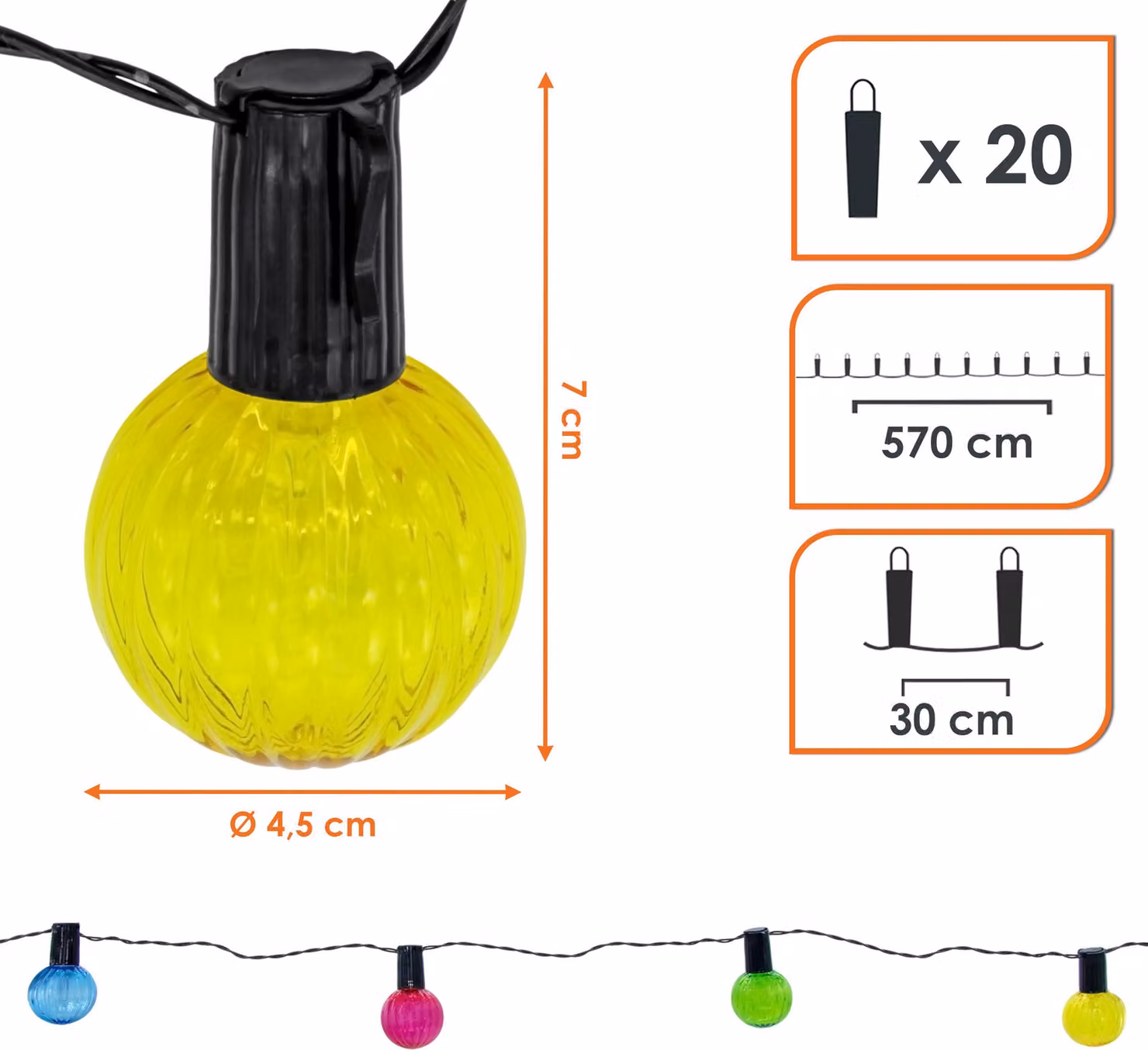 1.01 Catena luminosa solare con 20 lampadine - Lunghezza circa 570 cm - Illuminazione LED per feste - Colore: multicolore con scanalature (stile retrò)