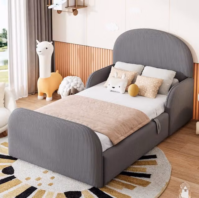 Letto imbottito per bambini 90x200 cm con spazio di stivaggio idraulico e rivestimento in velluto grigio, con testiera alta e spondine di sicurezza