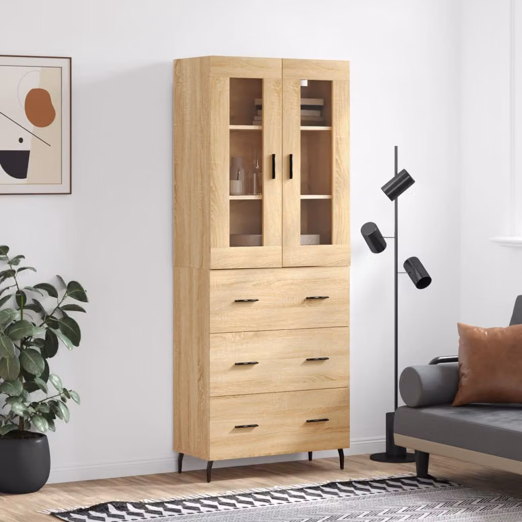 Credenza vidaXL in Rovere Sonoma con Ante in Vetro e Ripiani Interni, Marrone, L: 69,5 cm, P: 34 cm, H: 180 cm