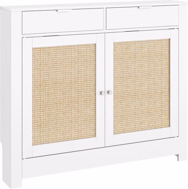 Copritermosifone Minimal con Ante a Battente in Rattan e MDF Bianco