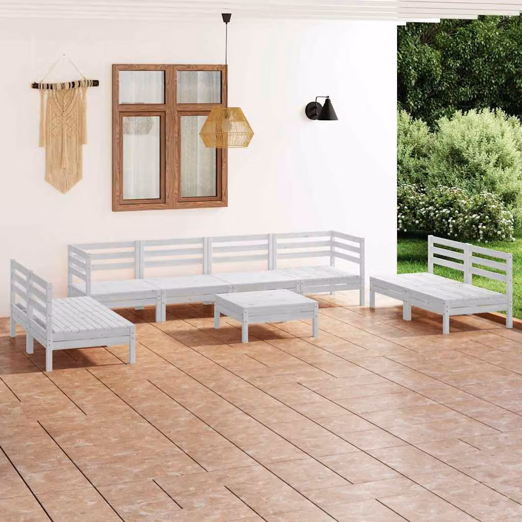 Set di divani da giardino vidaXL in legno di pino bianco con cuscini, composizione a L con tavolino da caffè, 9 pezzi
