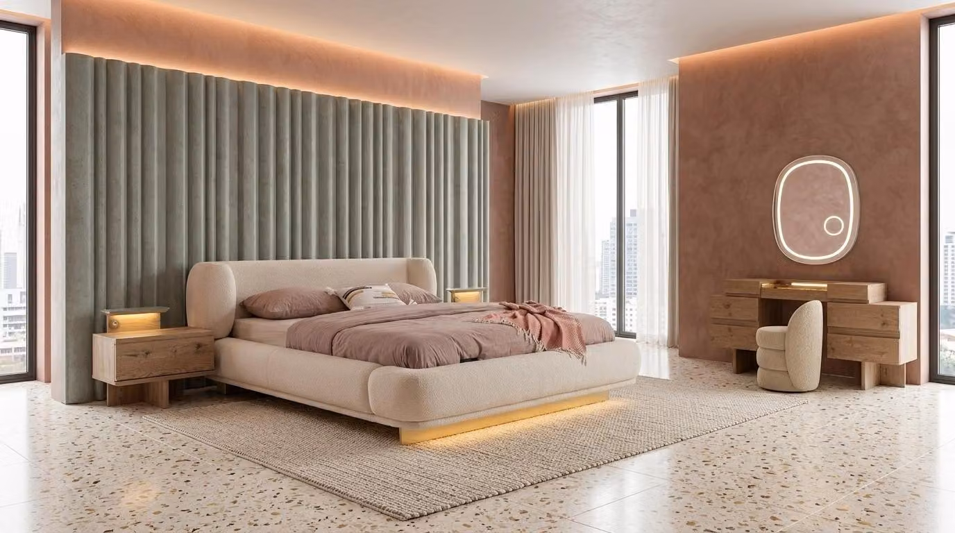 Due comodini, un tavolino da trucco con specchio e un pouf, stile moderno, colore beige, confortevoli