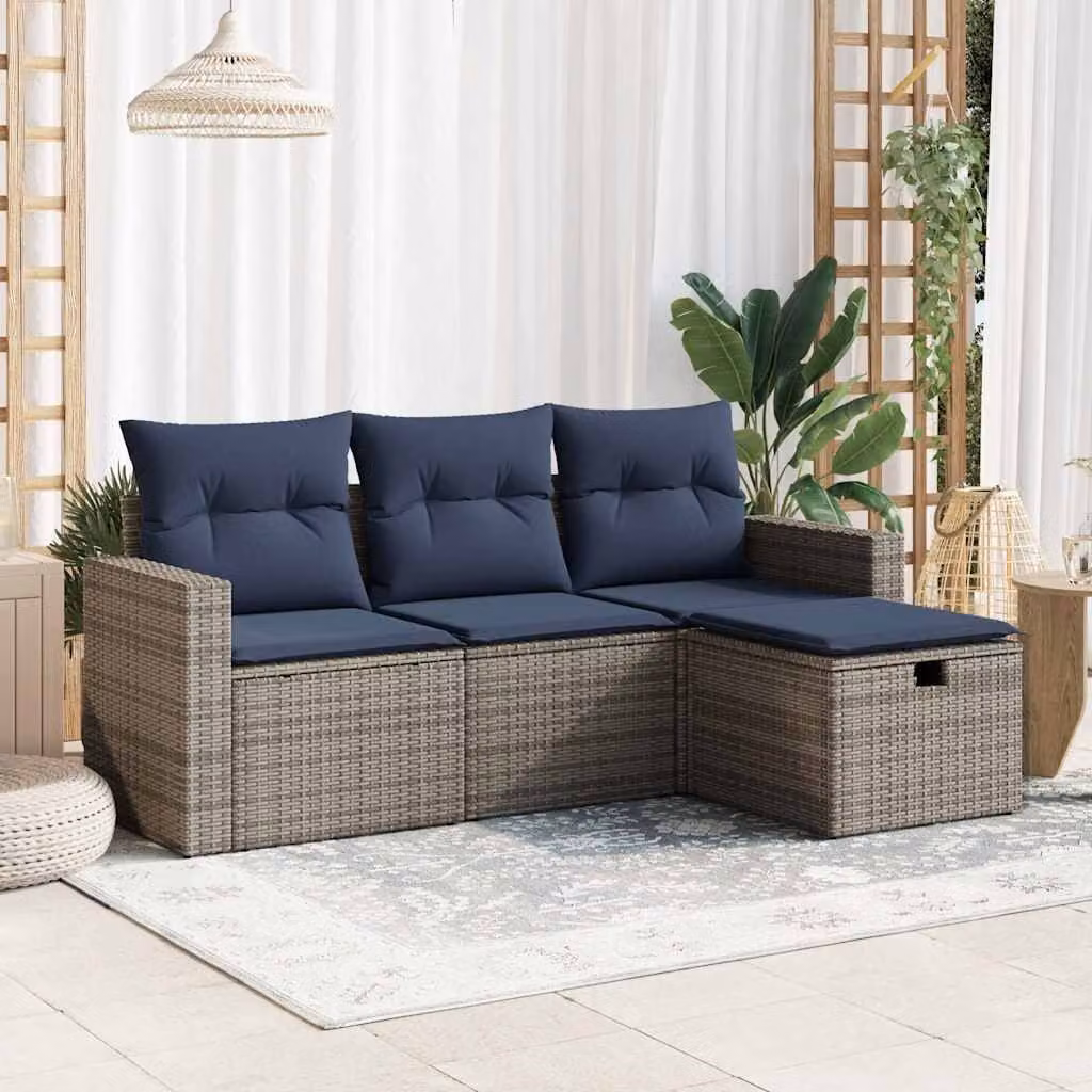 Set di divani da giardino vidaXL 4 pezzi in polyrattan con cuscini blu e struttura in acciaio grigio a forma di L