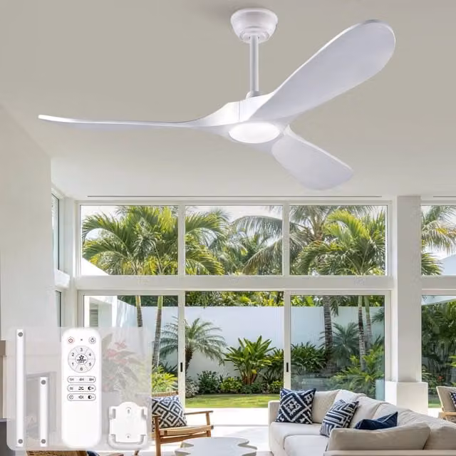 Ventilatore da soffitto con illuminazione LED e telecomando, 3 pale in legno massello bianco, dimmerabile e silenzioso
