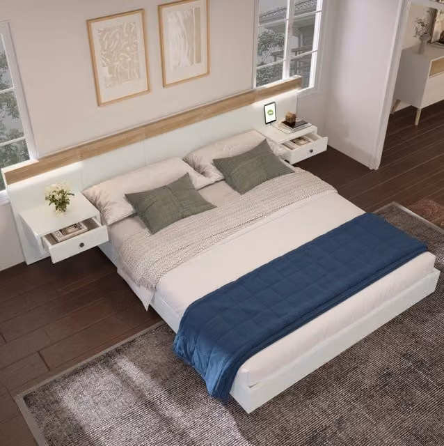 Letto matrimoniale 180x200 cm con struttura in legno Sonoma e bianco, completo di 2 comodini LED con porte USB-C