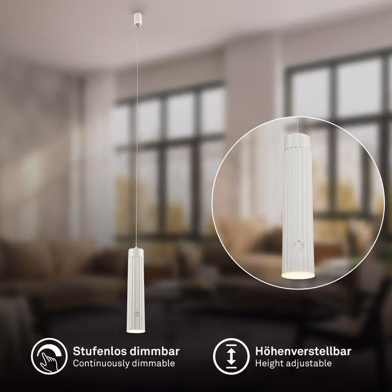 Briloner Lampada a sospensione a batteria regolabile in altezza Ø4,5x20,5 cm 3,5W 280lm 3000 K bianco caldo dimmerabile bianco antico - Lampadario sala da pranzo cucina