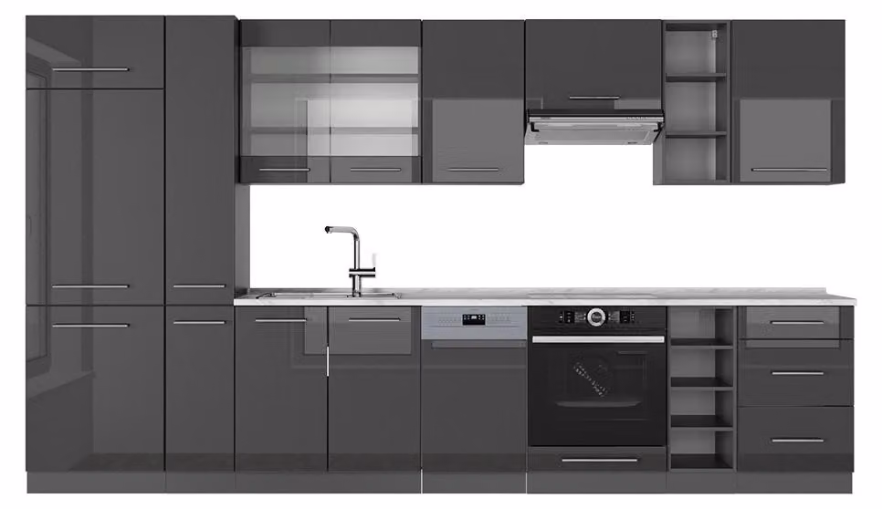Cucina componibile Vicco Fame-Line Antracite lucido 355 cm , PL Marmo, Model 57012