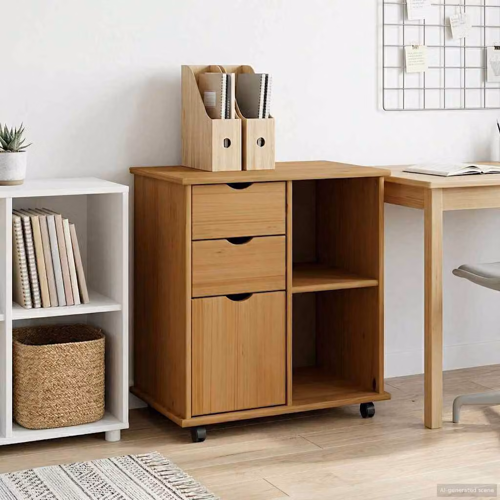 Carrello mobile con ruote vidaXL in legno di pino massello marrone L: 63,5 cm, P: 39 cm, H: 65,5 cm