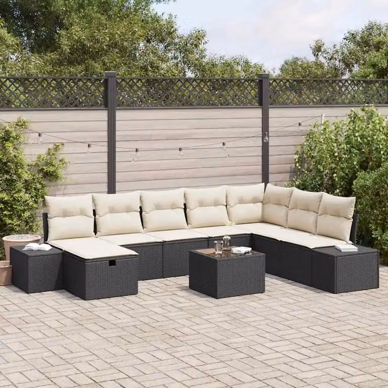 Set Divano da Giardino a L vidaXL in Polyrattan Nero con Cuscini e Tavolino da 9 Pezzi