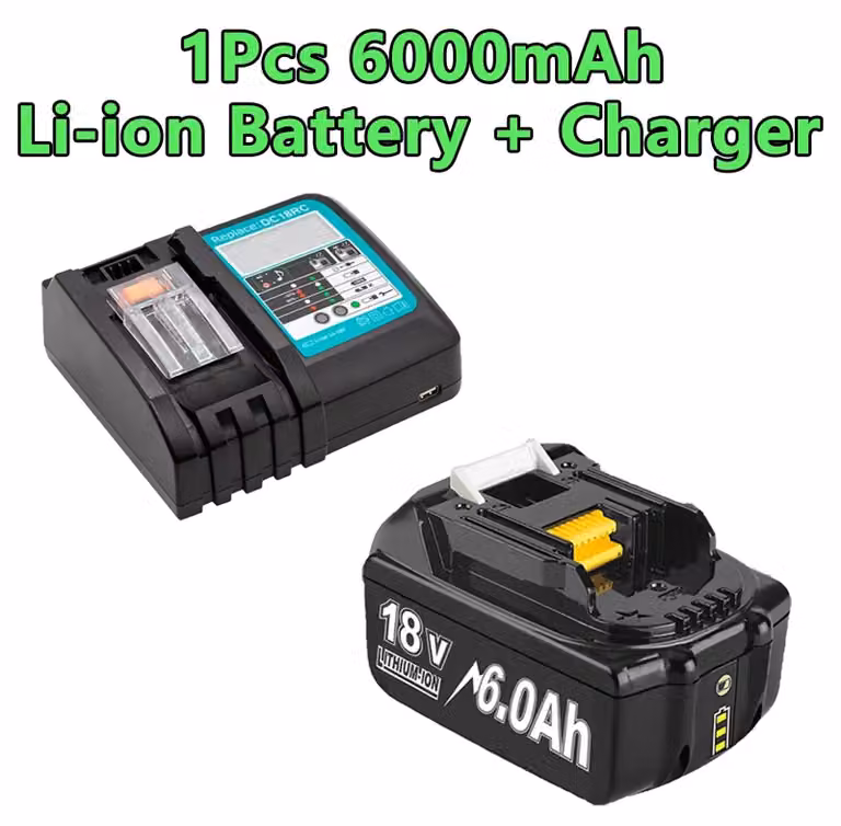 Batteria di ricambio per Makita 18V BL1830 BL1840 BL1850 BL1860 - Batteria agli ioni di litio - Alta capacità, 6000mAh - 1 batteria con caricabatterie singolo da 4A