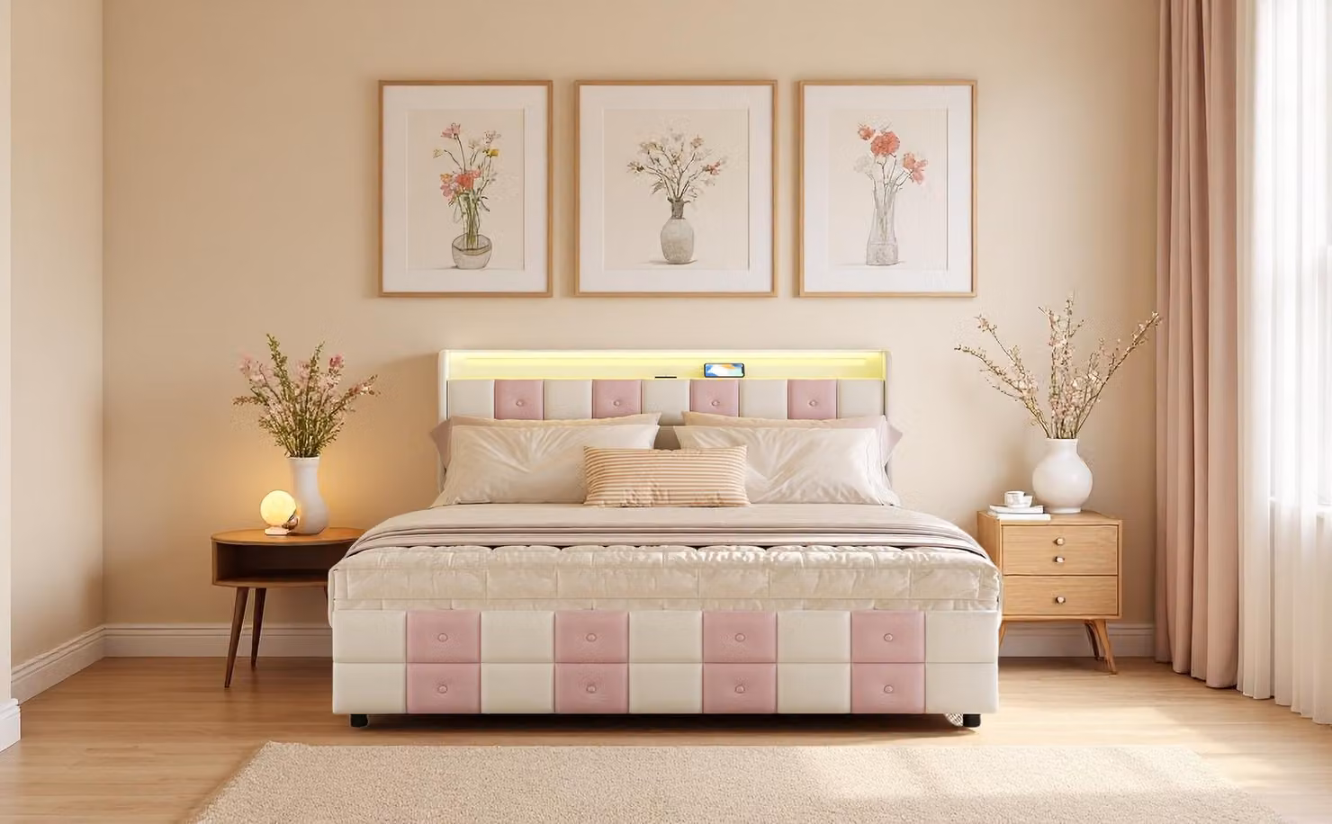 Letto imbottito ProximaX 140x200 cm - Velluto bianco-rosa, 4 ampi cassetti, illuminazione LED e connessione USB - Ideale per la camera di bambini e ragazzi