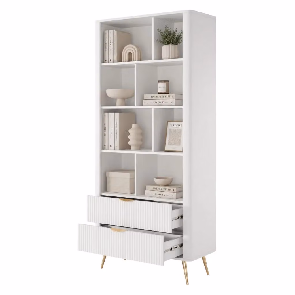 Libreria Kabavasi DMORA con 2 Cassetti, Colore Bianco e Oro, L 88 cm x P 38 cm x H 194 cm – 2