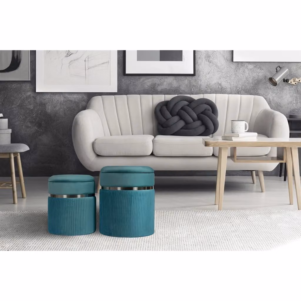 Set di 2 Pouf Contenitore Zora KENDRA HOME in Velluto Petrolio e Argento – 2