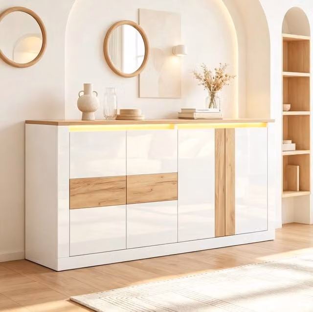 Credenza moderna in MDF bianco lucido e rovere con illuminazione integrata, Larghezza: 140 cm – 1