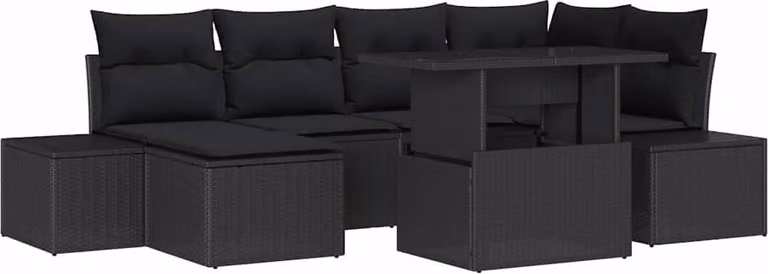 Set Divano da Giardino con cuscino 7 pcs Nero polyrattan