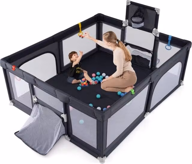 Recinto da gioco per bambini pieghevole con porta a cerniera, rete traspirante e canestro da basket, Grigio antracite, L: 188 cm, P: 157 cm, H: 69 cm