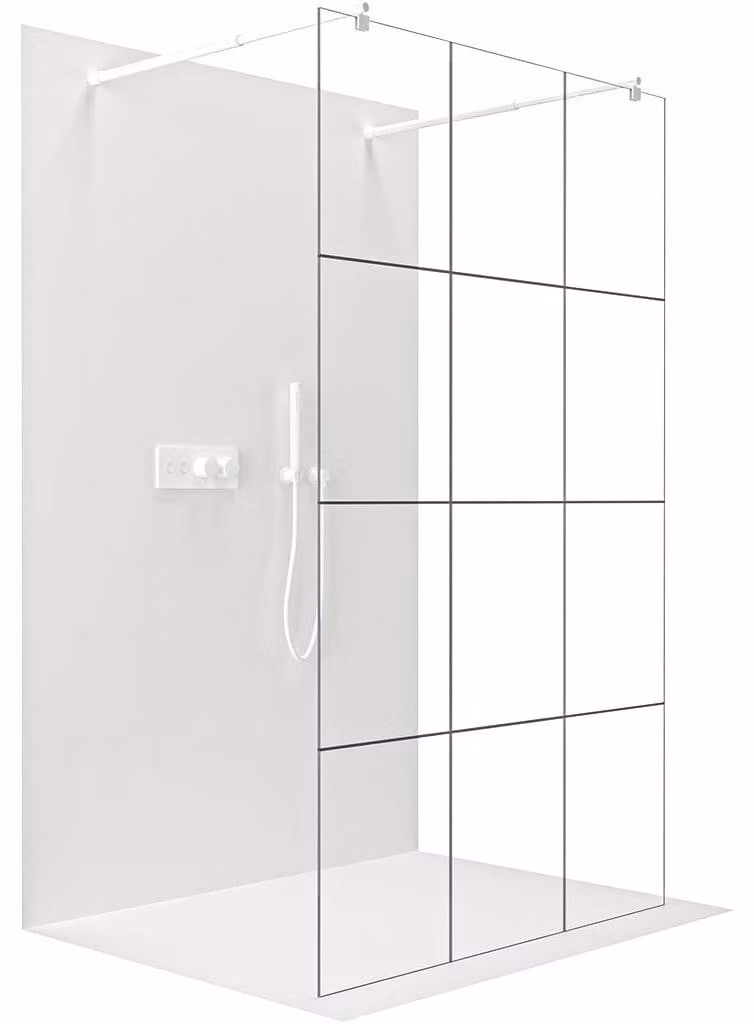 Pannello doccia walk-in Onyx Duo, versione sinistra/destra, vetro temperato da 8 mm, montante rotondo, bianco opaco, vetro industriale, dimensioni 140x200 cm