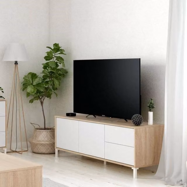Mobile porta TV Alva DMORA in Rovere e Bianco, Madia moderna per soggiorno con 2 ante