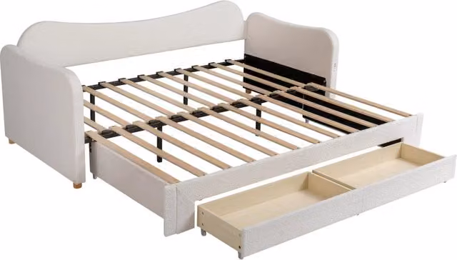Letto imbottito con funzione divano-letto estraibile 90x200 cm beige Bouclé con 2 cassetti e porta USB