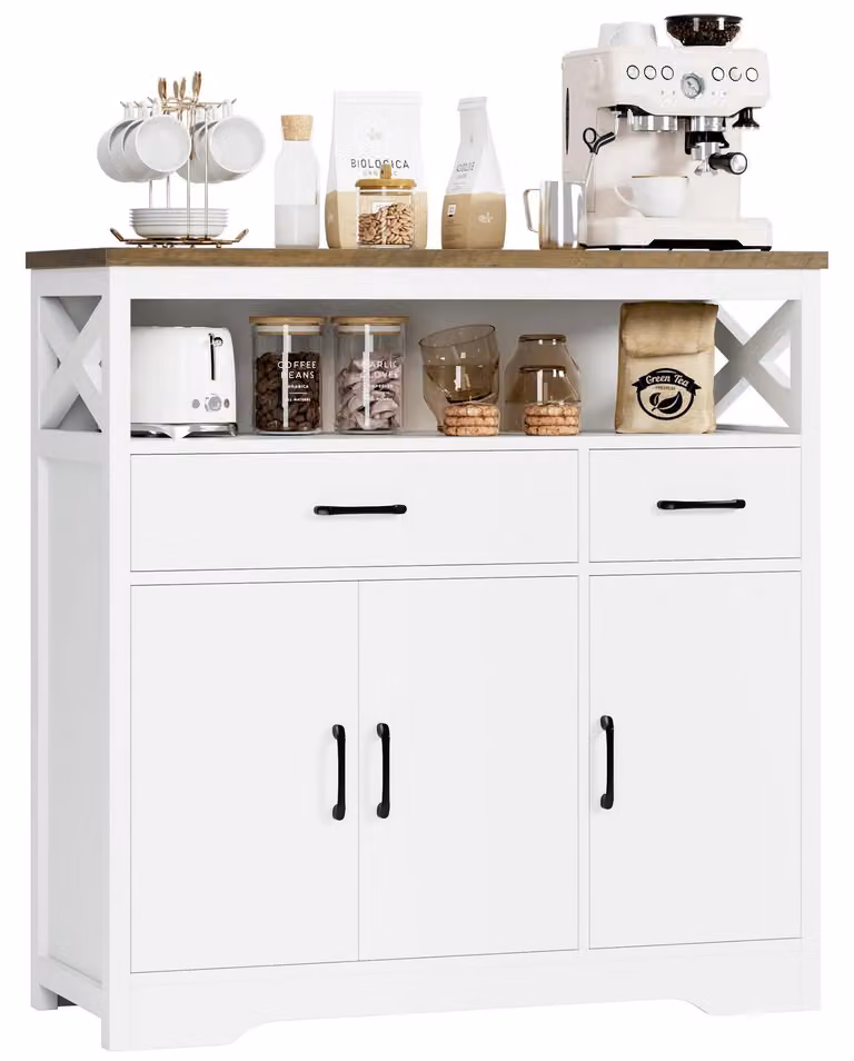 Credenza da cucina - Credenza con 2 cassetti e 3 ante - Legno - Piano di lavoro - 105 x 100,5 x 39,5 cm - Bianco
