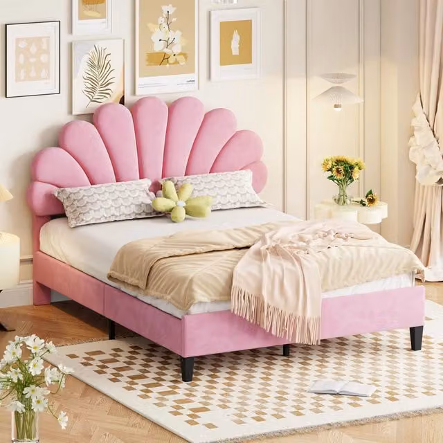 Letto imbottito rosa 140x200 cm con testiera floreale e rete a doghe