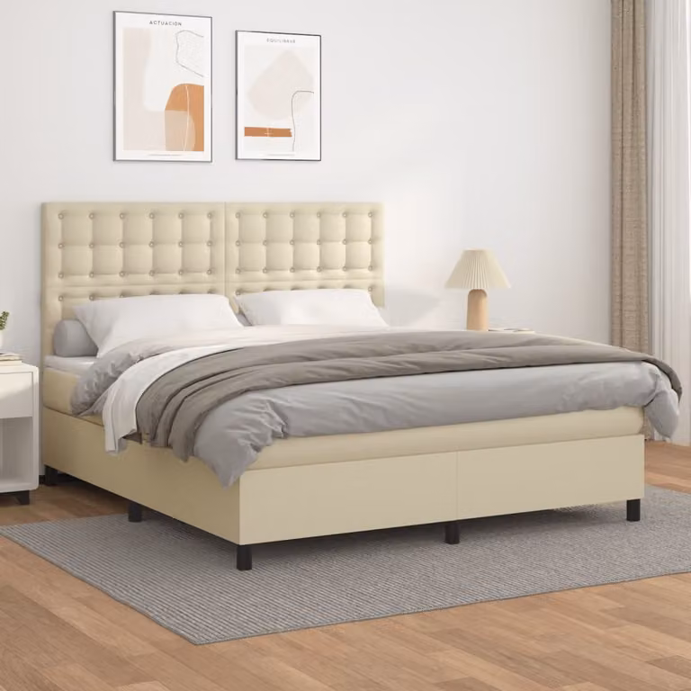 vidaXL Giroletto a Molle Ibrido con Materasso in Similpelle Beige e Bianco L/P/H: 160 x 200 x 128 cm