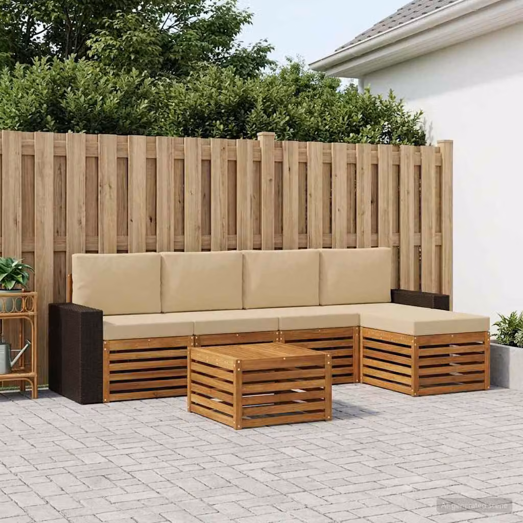 vidaXL Set di divani da esterno a L in legno di acacia con tavolino e pouf, 6 pezzi, Beige e Marrone