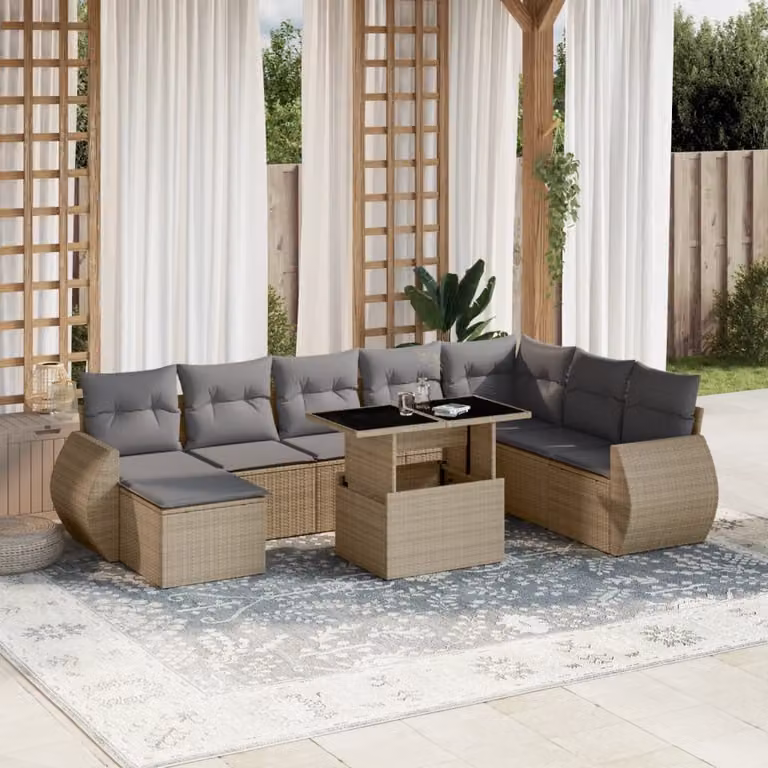 vidaXL Set Divano da Giardino a L 9 pz in Polyrattan Beige con Cuscini e Tavolino