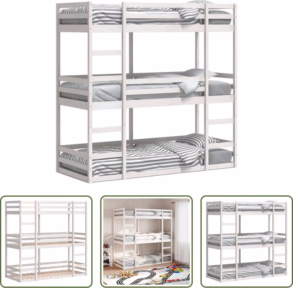 The Living Store Letto a castello triplo bianco 90x190 cm in legno di pino massiccio